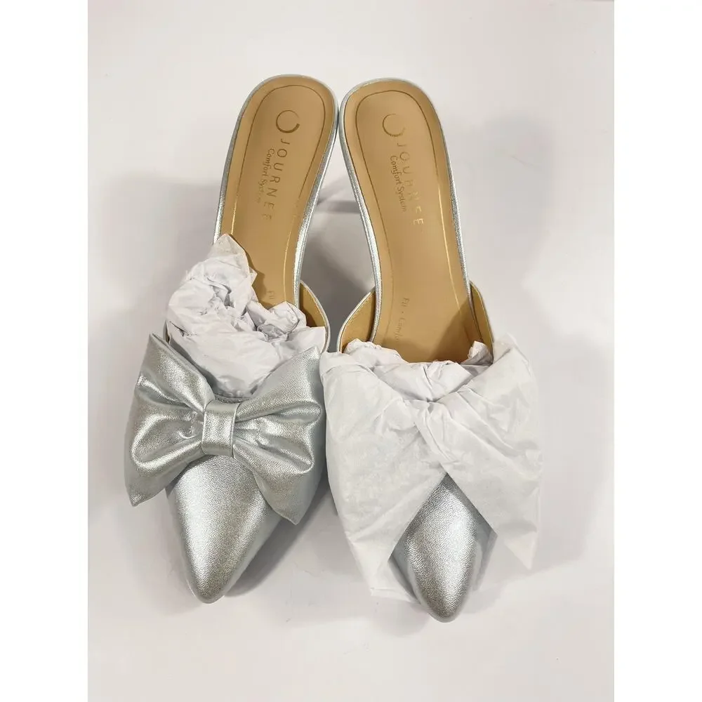 Journee Tiarra Shoes Women's Size 12 Silver Sparkle Bow Mule Stiletto Heels New